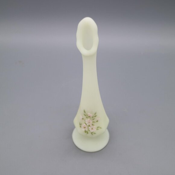 Fenton Yellow Satin Custard Glass Hand Painted Swung Vase Pink Blossoms Signed - Picture 3 of 10